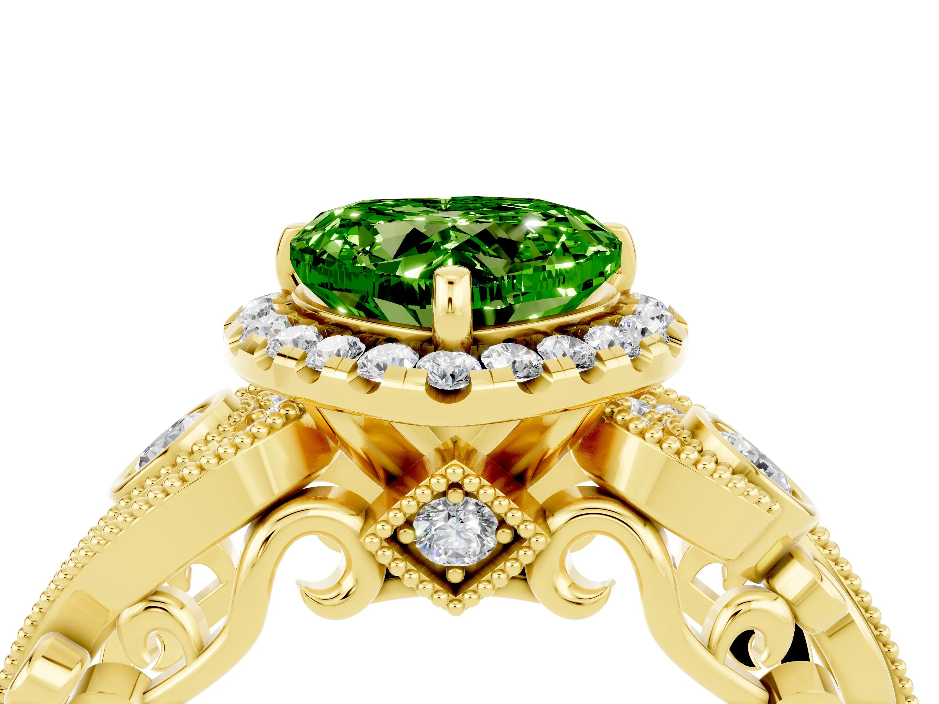 Yellow gold Heart Cut Peridot Halo Ring with Milgrain Pavé Band and Four-Prong Setting_16
