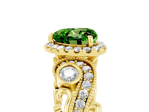 Yellow gold Heart Cut Peridot Halo Ring with Milgrain Pavé Band and Four-Prong Setting_17