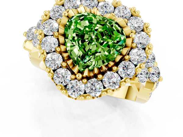 Yellow gold Heart Cut Peridot Halo Ring with Pavé Band and Four-Prong Setting