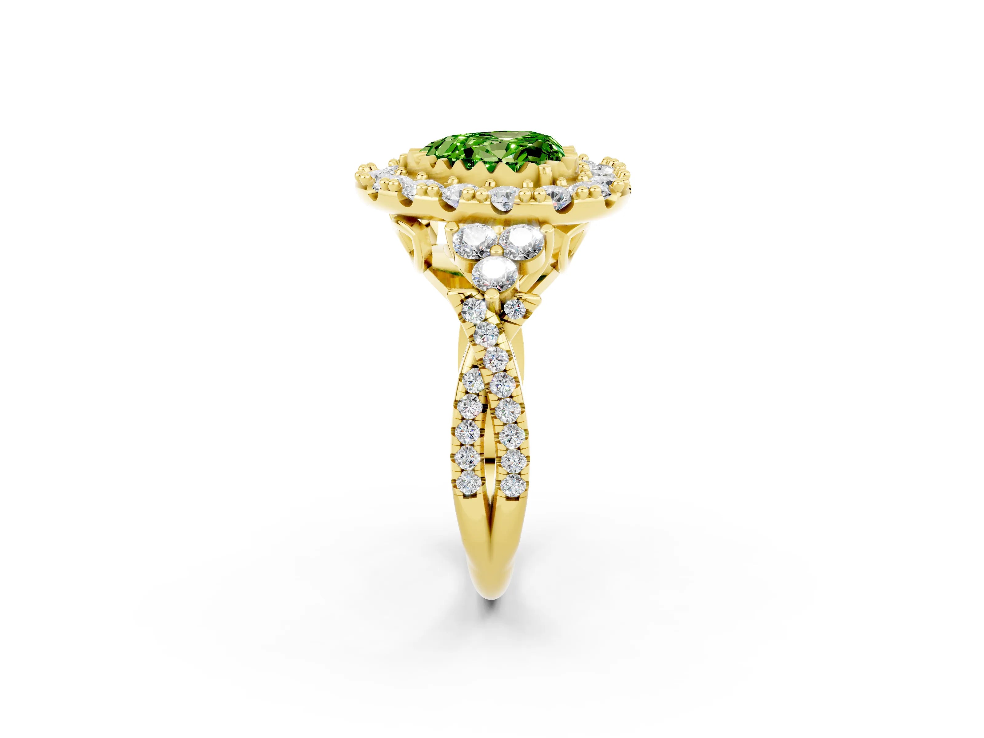 Yellow gold Heart Cut Peridot Halo Ring with Pavé Band and Four-Prong Setting_14