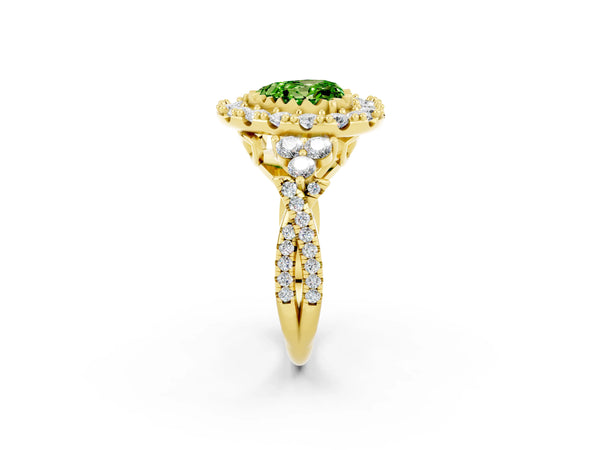 Yellow gold Heart Cut Peridot Halo Ring with Pavé Band and Four-Prong Setting
