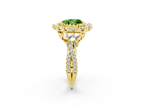 Yellow gold Heart Cut Peridot Halo Ring with Pavé Band and Four-Prong Setting_14