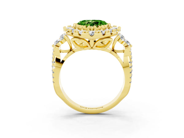Yellow gold Heart Cut Peridot Halo Ring with Pavé Band and Four-Prong Setting