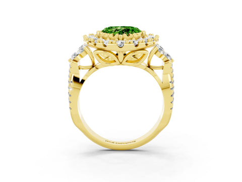Yellow gold Heart Cut Peridot Halo Ring with Pavé Band and Four-Prong Setting_15