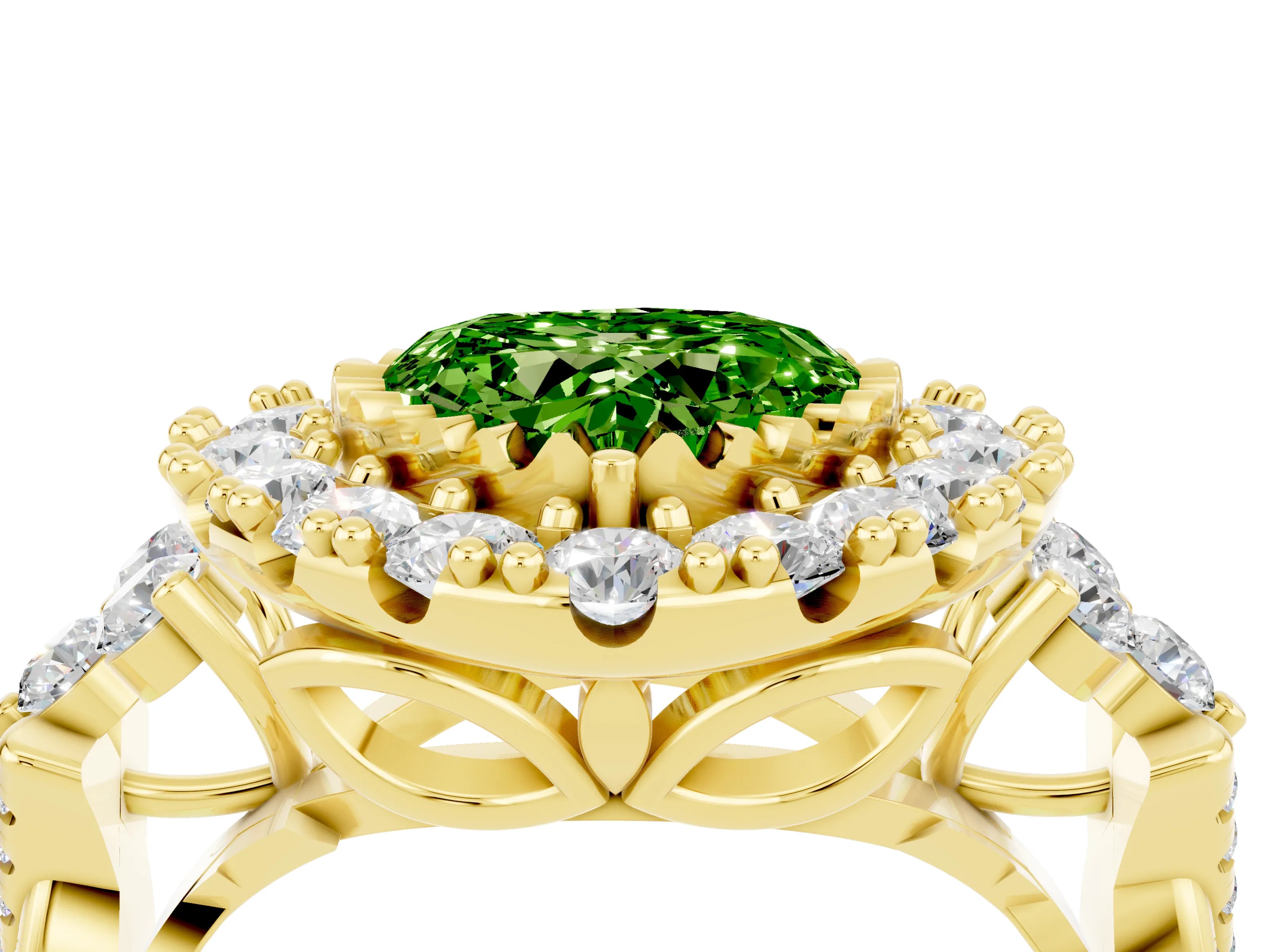 Yellow gold Heart Cut Peridot Halo Ring with Pavé Band and Four-Prong Setting_16