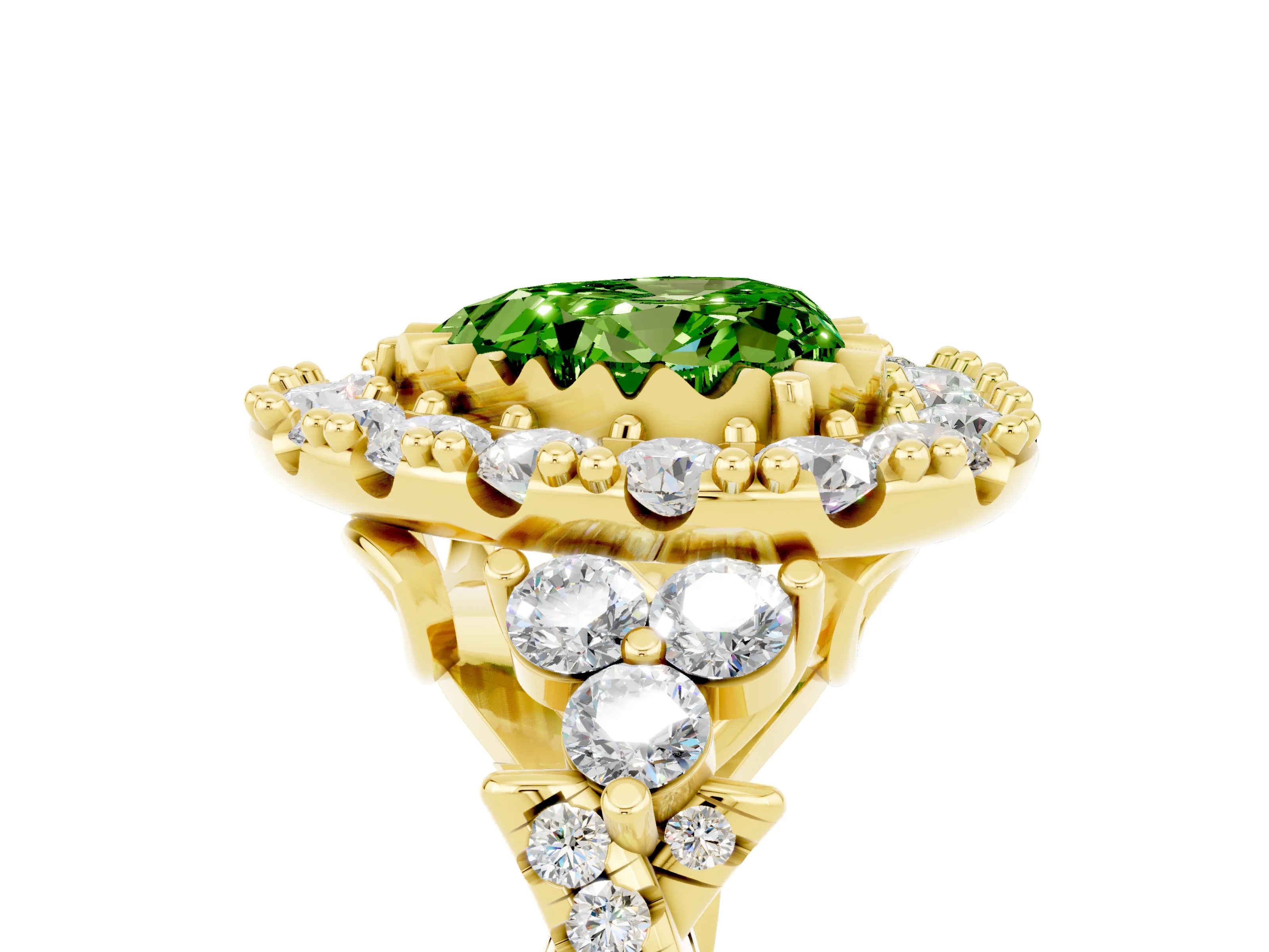 Yellow gold Heart Cut Peridot Halo Ring with Pavé Band and Four-Prong Setting_17