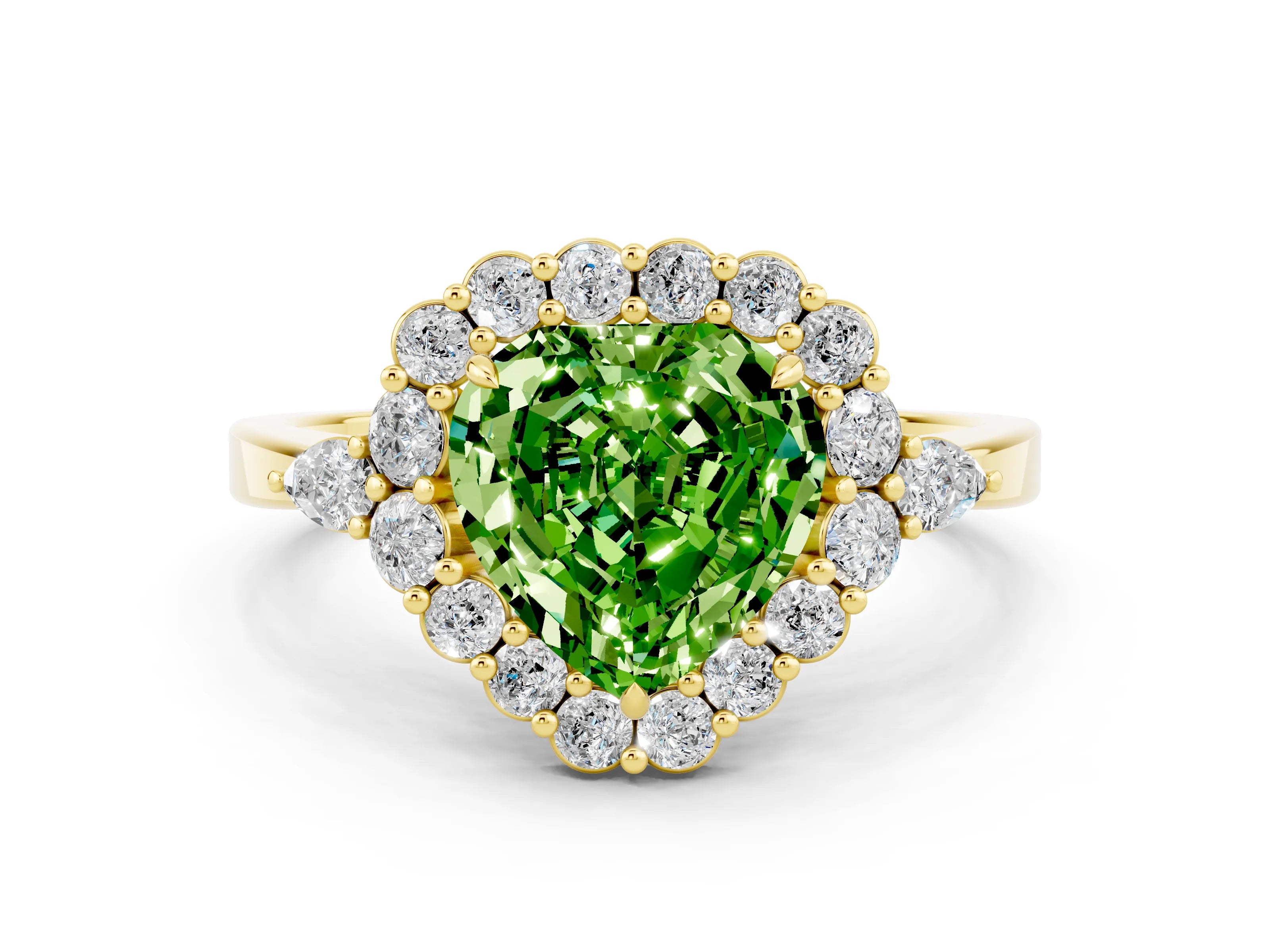 Yellow gold Heart Cut Peridot Halo Ring with Pear Side Stones and Prong Setting_12