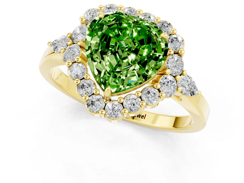 Yellow gold Heart Cut Peridot Halo Ring with Pear Side Stones and Prong Setting_13