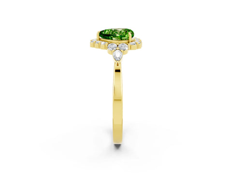 Yellow gold Heart Cut Peridot Halo Ring with Pear Side Stones and Prong Setting_14