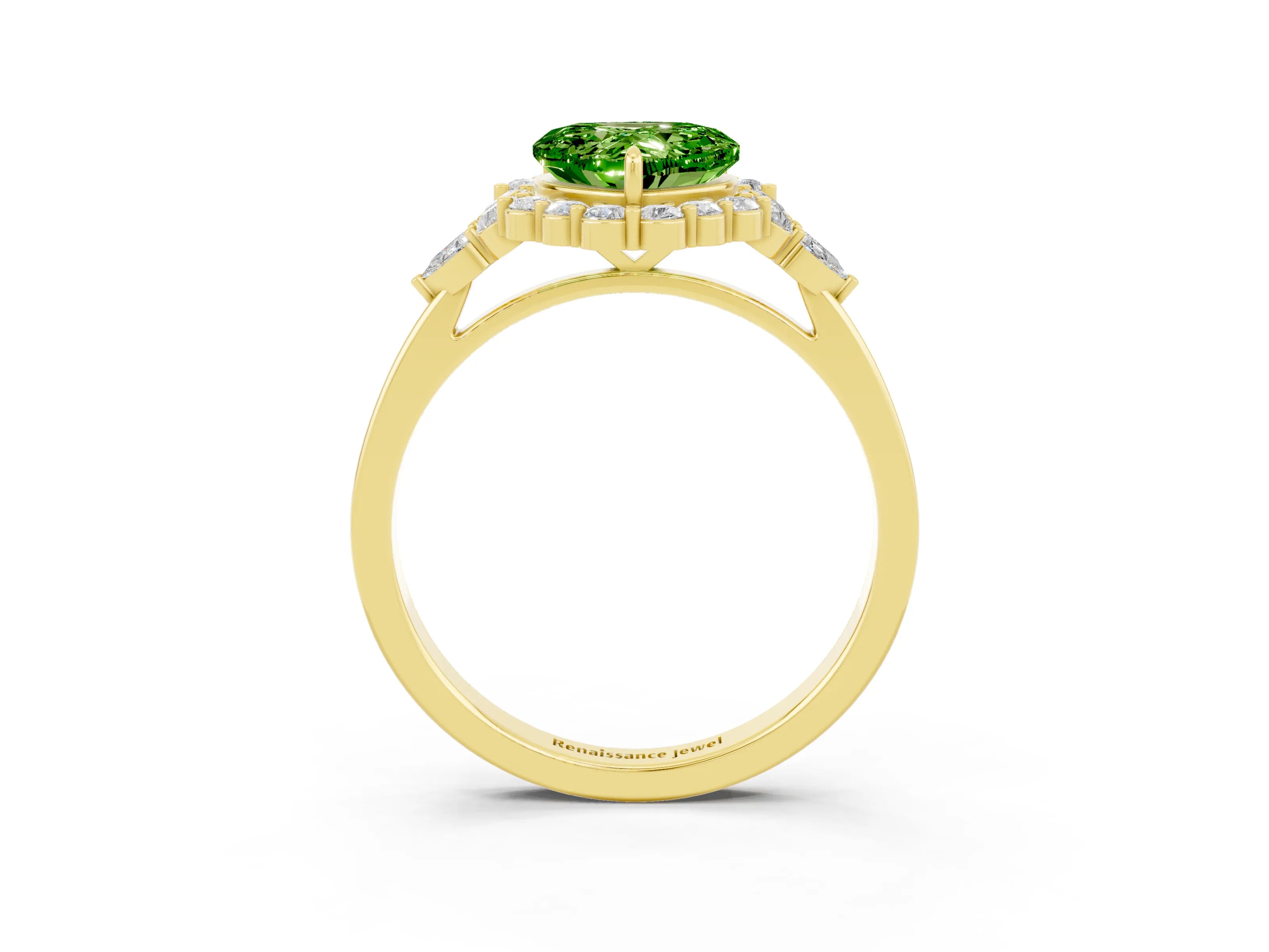 Yellow gold Heart Cut Peridot Halo Ring with Pear Side Stones and Prong Setting_15