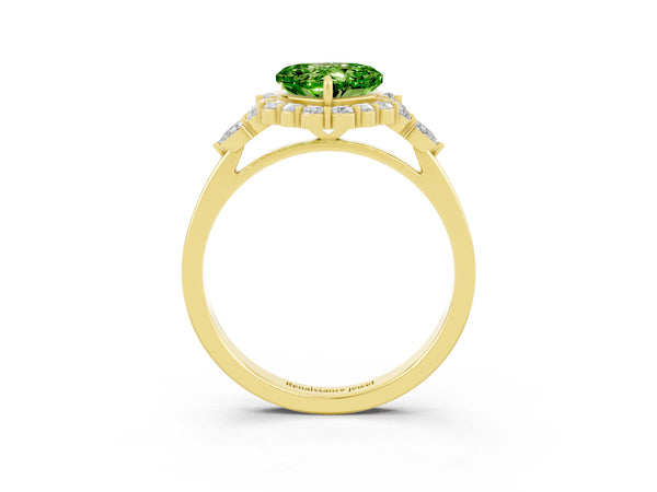 Yellow gold Heart Cut Peridot Halo Ring with Pear Side Stones and Prong Setting