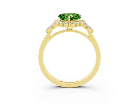 Yellow gold Heart Cut Peridot Halo Ring with Pear Side Stones and Prong Setting_15