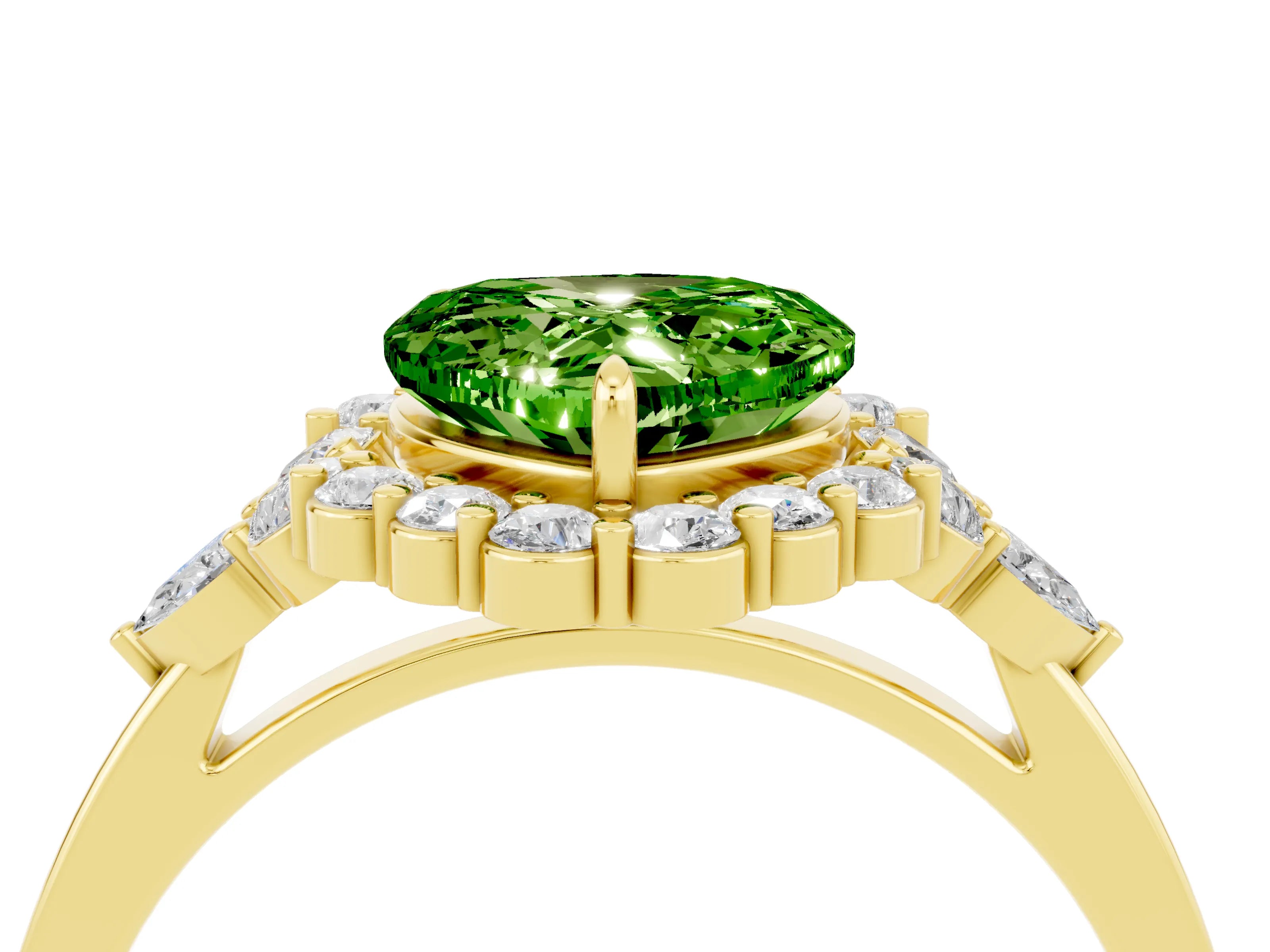 Yellow gold Heart Cut Peridot Halo Ring with Pear Side Stones and Prong Setting_16