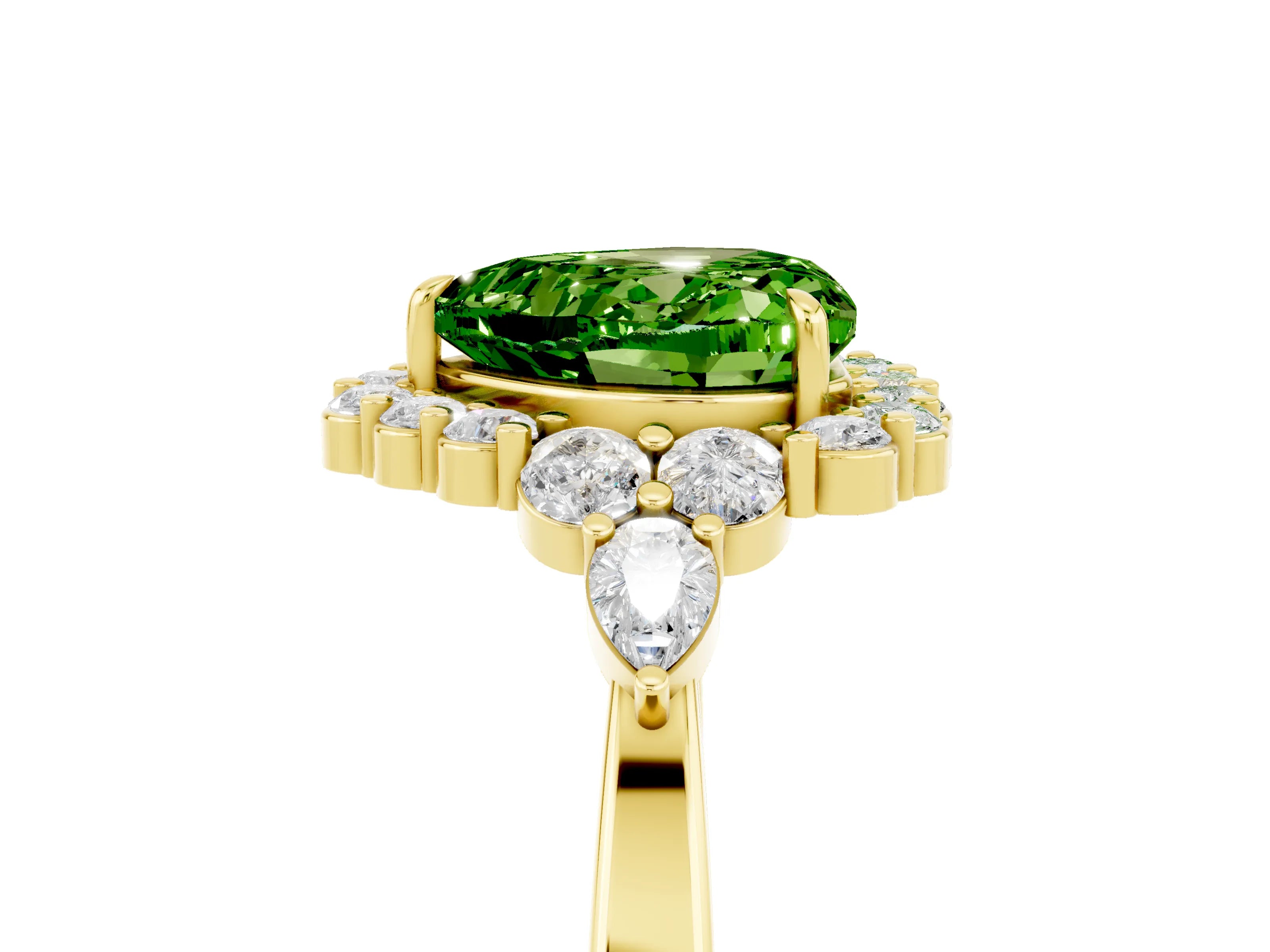Yellow gold Heart Cut Peridot Halo Ring with Pear Side Stones and Prong Setting_17