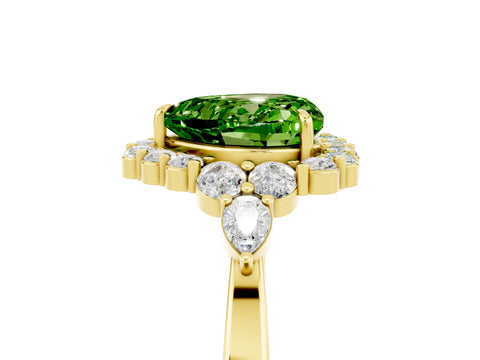 Yellow gold Heart Cut Peridot Halo Ring with Pear Side Stones and Prong Setting_17