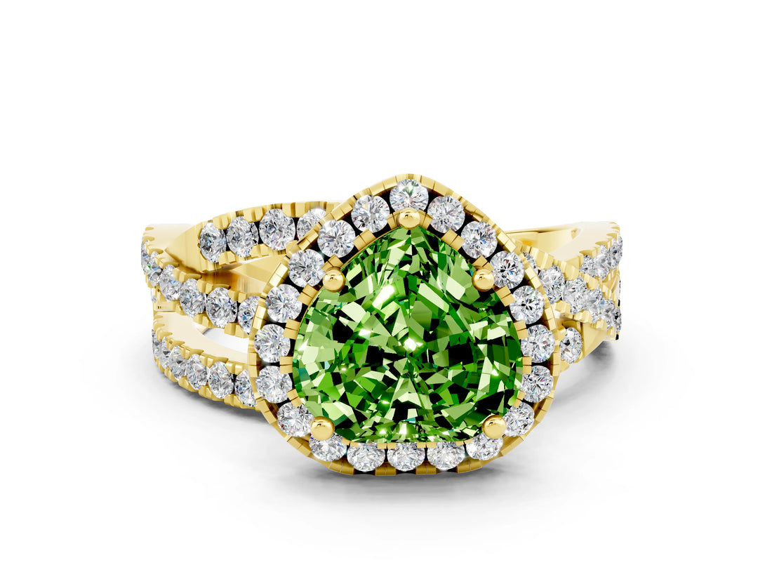 Yellow gold Heart Cut Peridot Halo Ring with Round Split Shank and Prong Setting_48