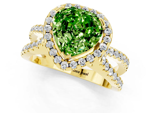 Yellow gold Heart Cut Peridot Halo Ring with Split Shank Pavé Band and Prong Setting_1