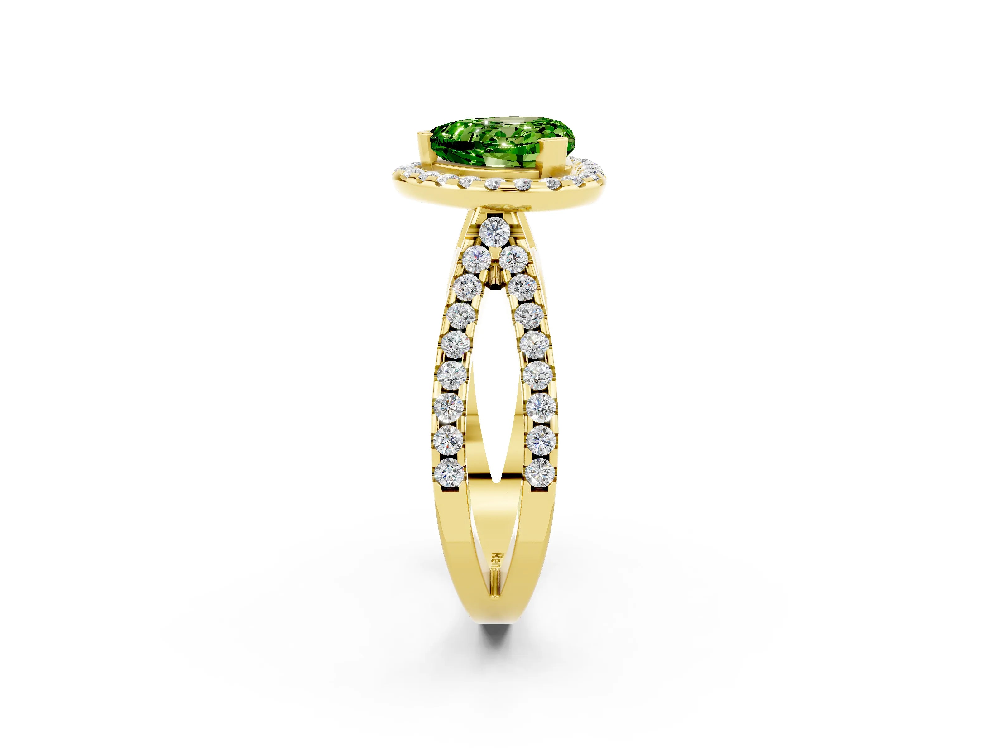 Yellow gold Heart Cut Peridot Halo Ring with Split Shank Pavé Band and Prong Setting_2