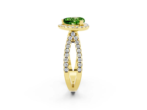 Yellow gold Heart Cut Peridot Halo Ring with Split Shank Pavé Band and Prong Setting