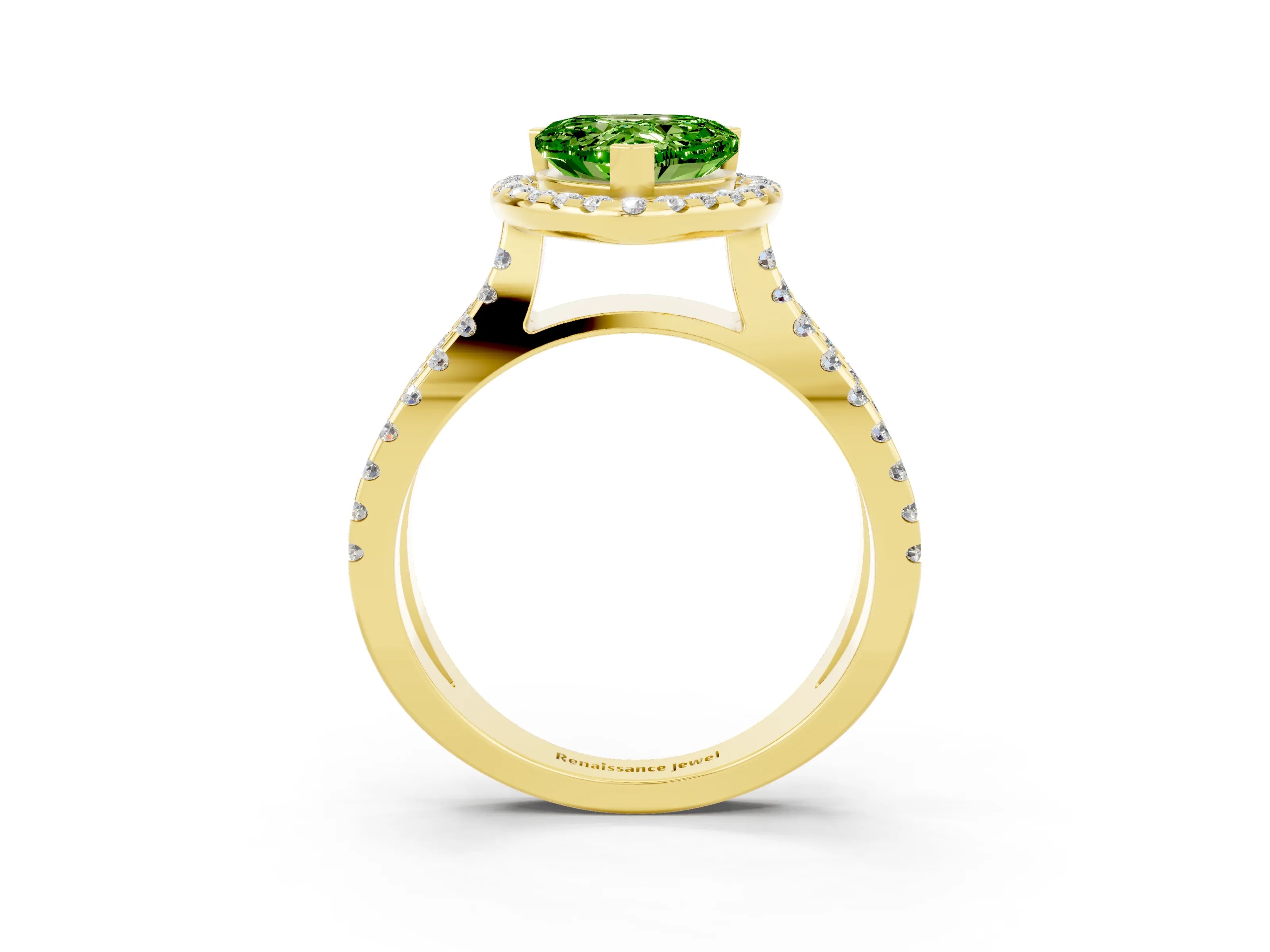 Yellow gold Heart Cut Peridot Halo Ring with Split Shank Pavé Band and Prong Setting_3