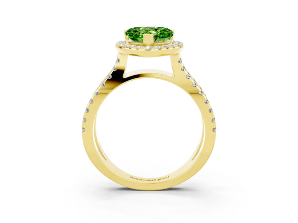 Yellow gold Heart Cut Peridot Halo Ring with Split Shank Pavé Band and Prong Setting