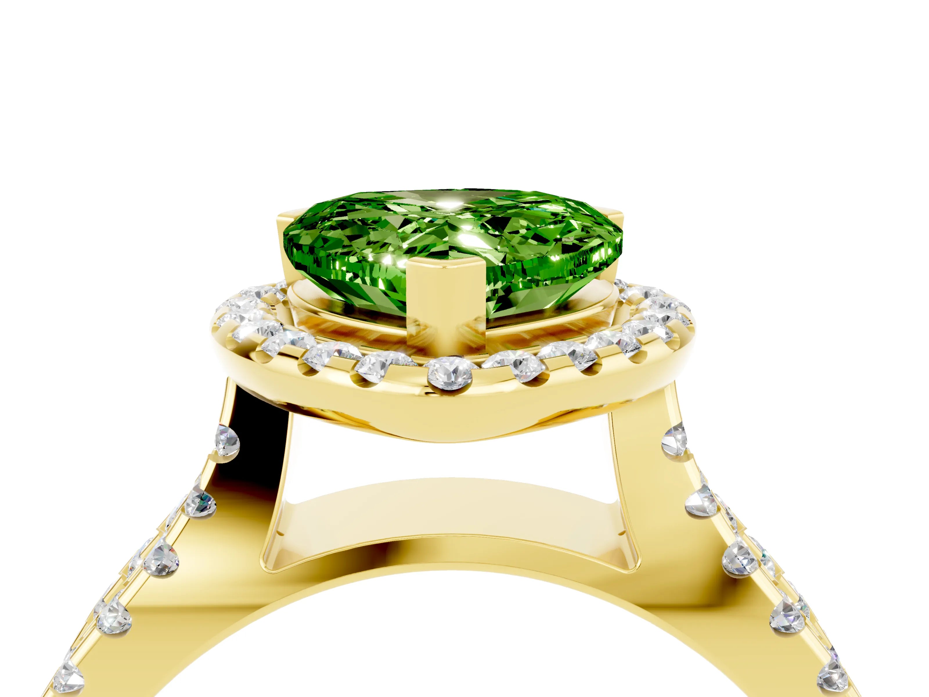 Yellow gold Heart Cut Peridot Halo Ring with Split Shank Pavé Band and Prong Setting_4