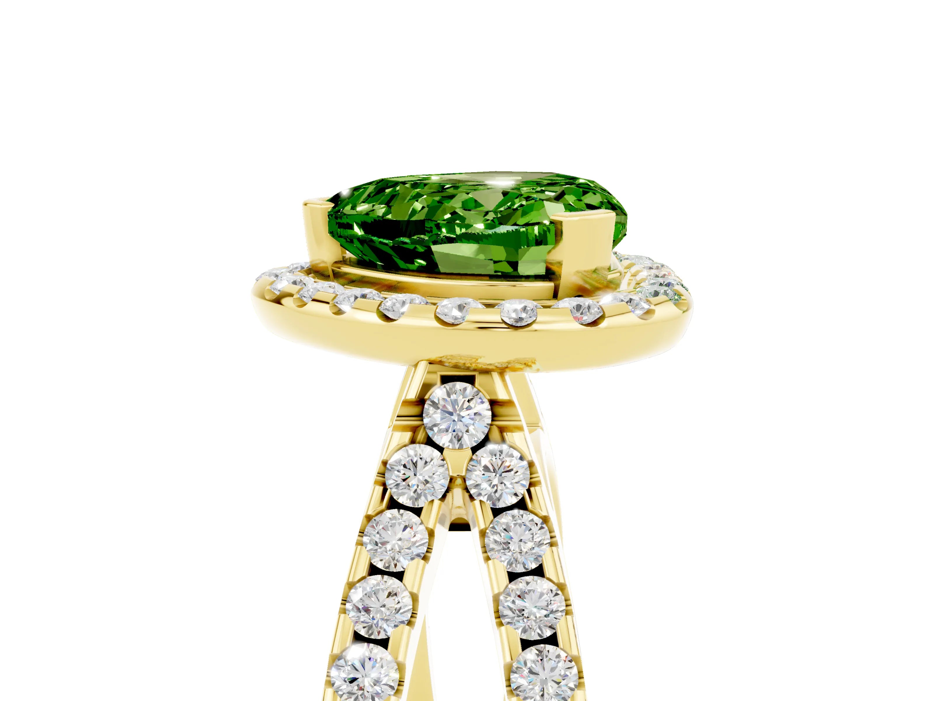 Yellow gold Heart Cut Peridot Halo Ring with Split Shank Pavé Band and Prong Setting_5