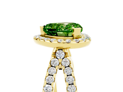 Yellow gold Heart Cut Peridot Halo Ring with Split Shank Pavé Band and Prong Setting_5