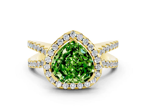 Yellow gold Heart Cut Peridot Halo Ring with Split Shank Pavé Band and Prong Setting