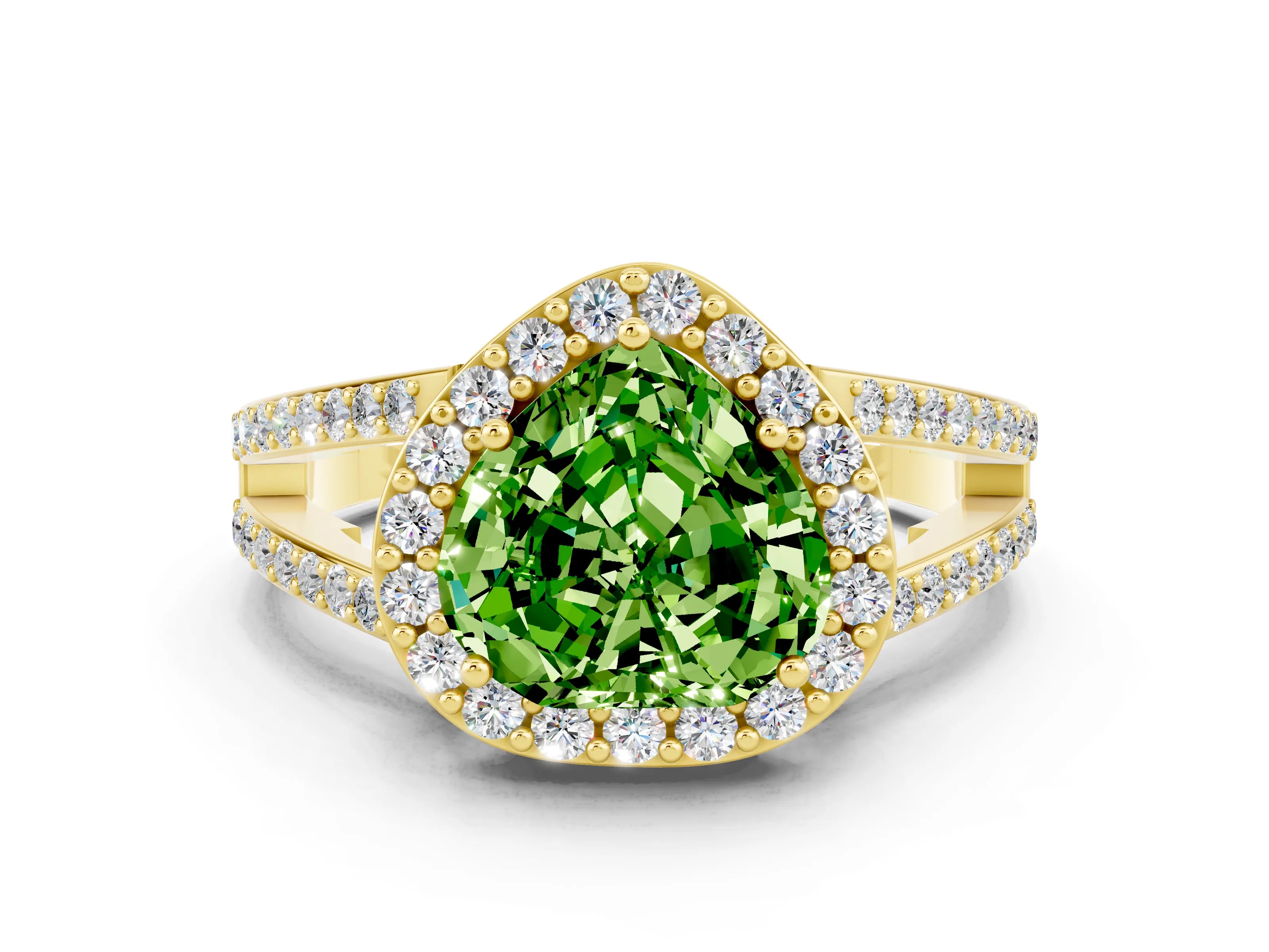 Yellow gold Heart Cut Peridot Halo Ring with Split Shank U-Prong Band and Four-Prong Setting