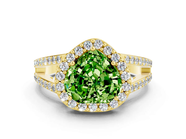 Yellow gold Heart Cut Peridot Halo Ring with Split Shank U-Prong Band and Four-Prong Setting