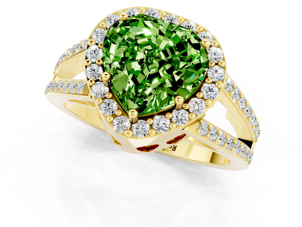 Yellow gold Heart Cut Peridot Halo Ring with Split Shank U-Prong Band and Four-Prong Setting