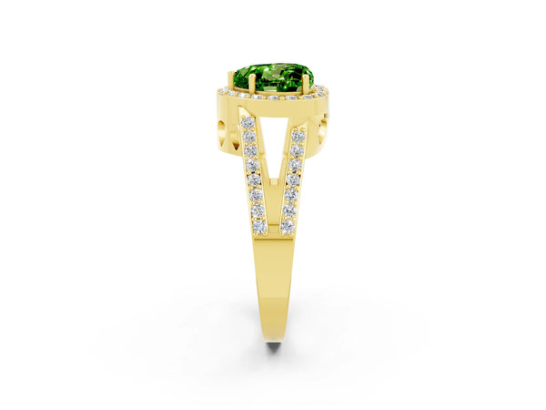 Yellow gold Heart Cut Peridot Halo Ring with Split Shank U-Prong Band and Four-Prong Setting
