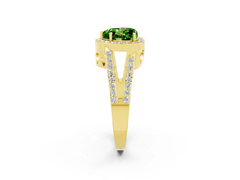 Yellow gold Heart Cut Peridot Halo Ring with Split Shank U-Prong Band and Four-Prong Setting_2