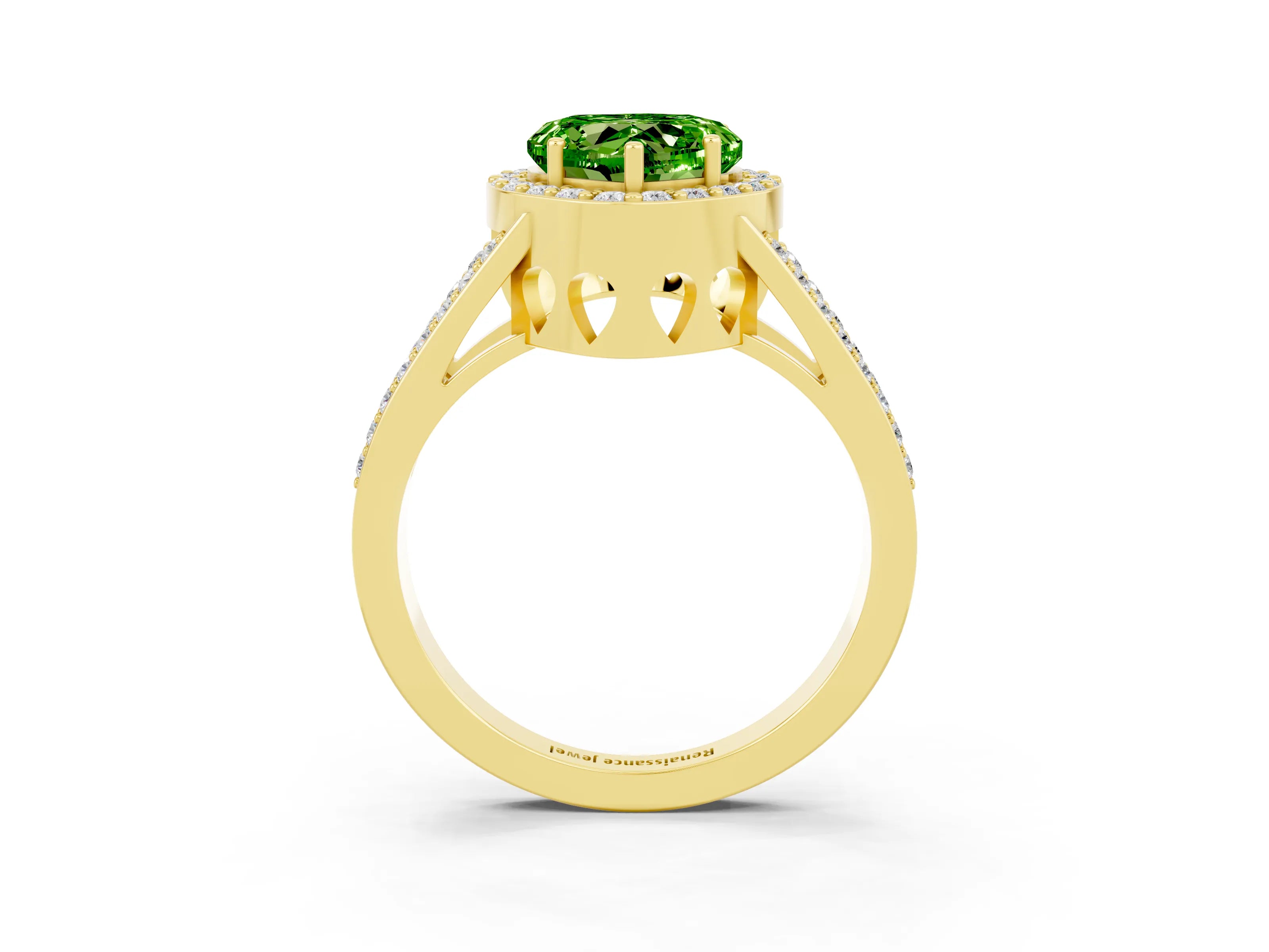 Yellow gold Heart Cut Peridot Halo Ring with Split Shank U-Prong Band and Four-Prong Setting_3