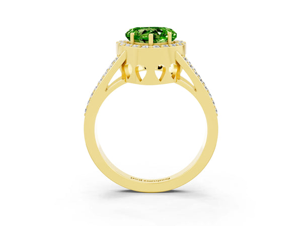 Yellow gold Heart Cut Peridot Halo Ring with Split Shank U-Prong Band and Four-Prong Setting