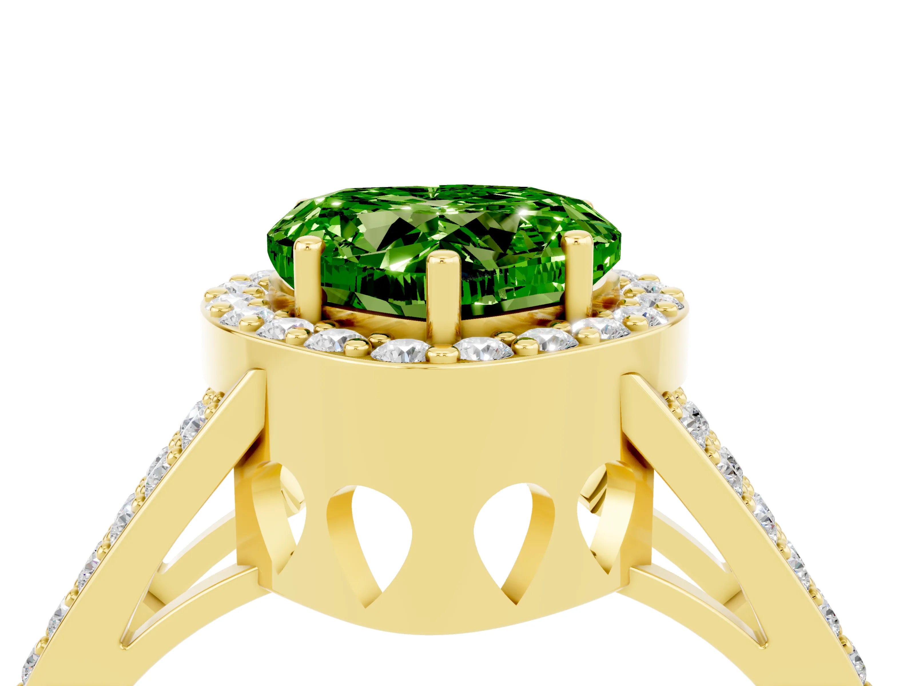 Yellow gold Heart Cut Peridot Halo Ring with Split Shank U-Prong Band and Four-Prong Setting_4