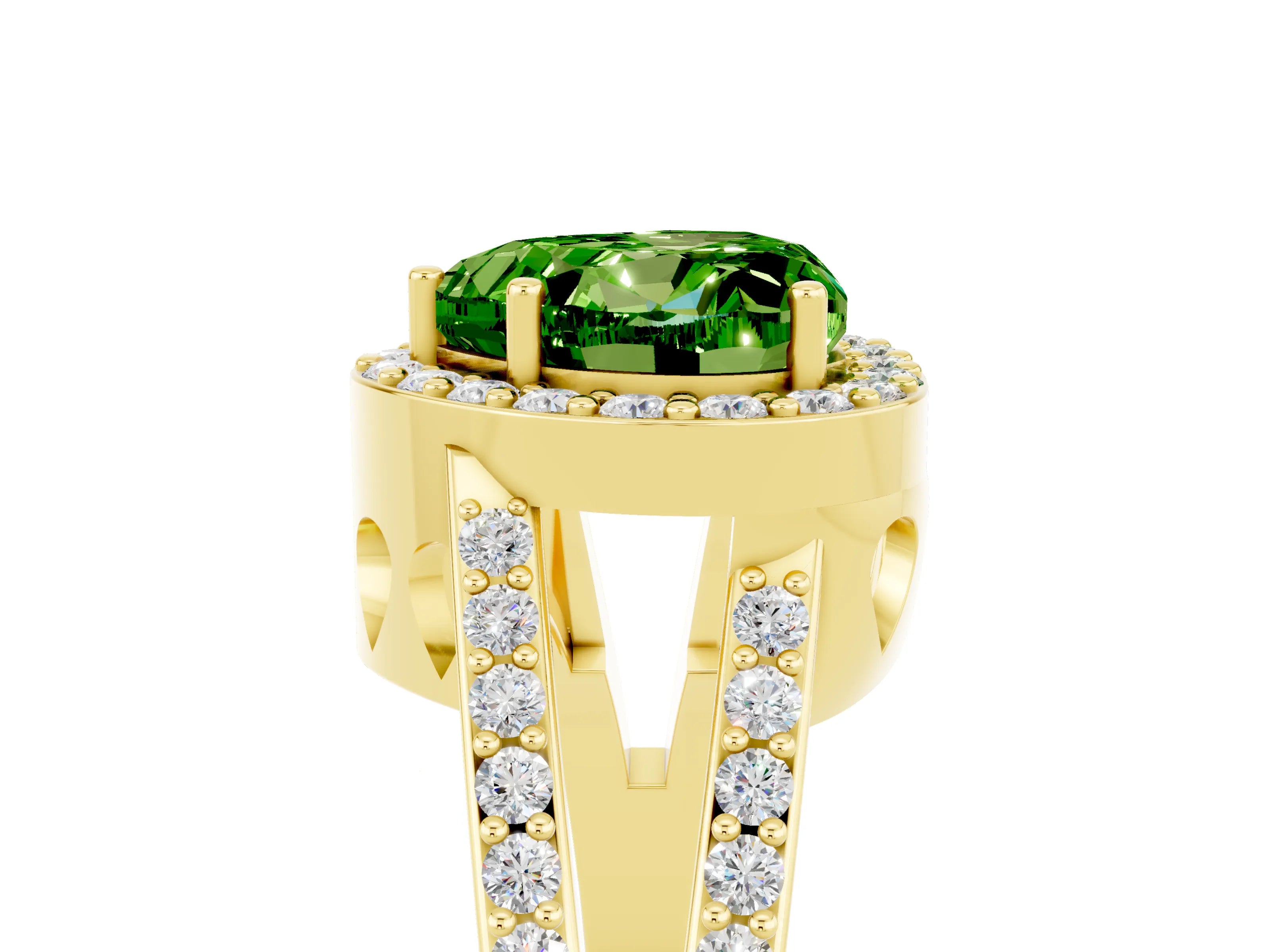 Yellow gold Heart Cut Peridot Halo Ring with Split Shank U-Prong Band and Four-Prong Setting_5