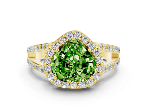 Yellow gold Heart Cut Peridot Halo Ring with Split Shank U-Prong Band and Four-Prong Setting
