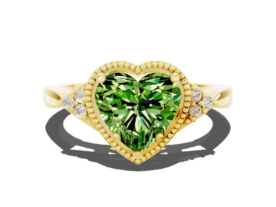 Yellow gold Heart Cut Peridot Halo Ring with Tapered Band and Four-Prong Setting