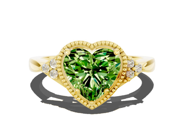 Yellow gold Heart Cut Peridot Halo Ring with Tapered Band and Four-Prong Setting
