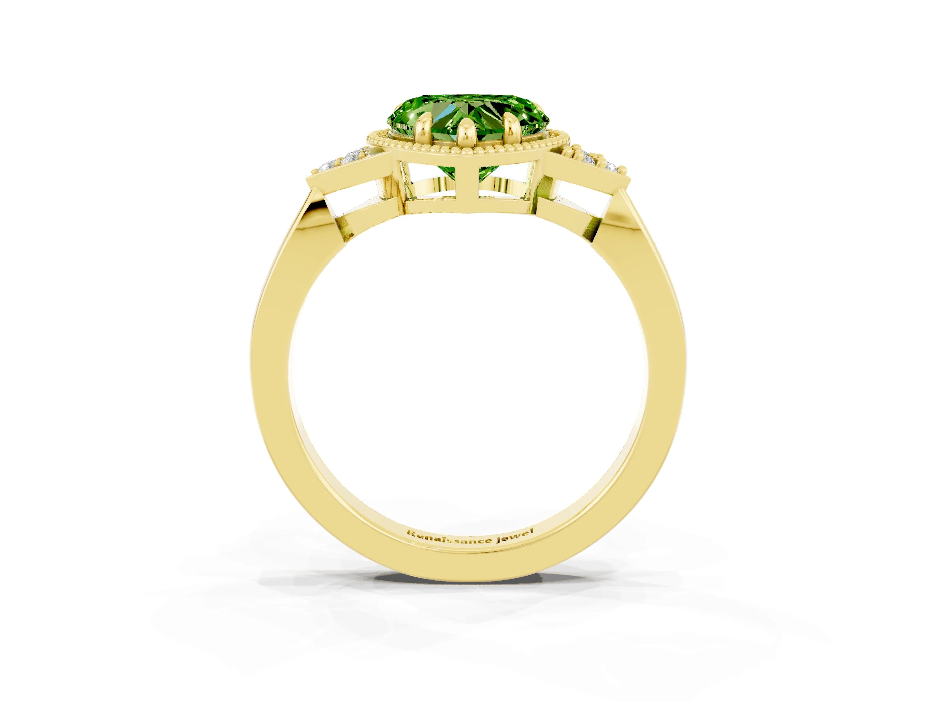 Yellow gold Heart Cut Peridot Halo Ring with Tapered Band and Four-Prong Setting_3