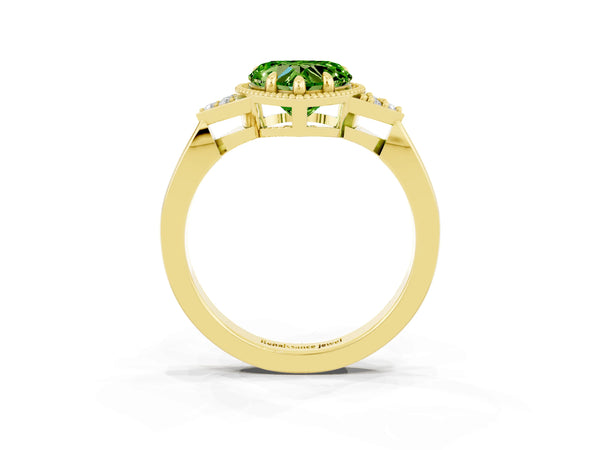 Yellow gold Heart Cut Peridot Halo Ring with Tapered Band and Four-Prong Setting