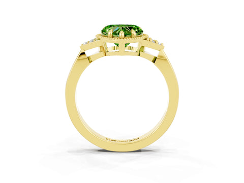 Yellow gold Heart Cut Peridot Halo Ring with Tapered Band and Four-Prong Setting_3