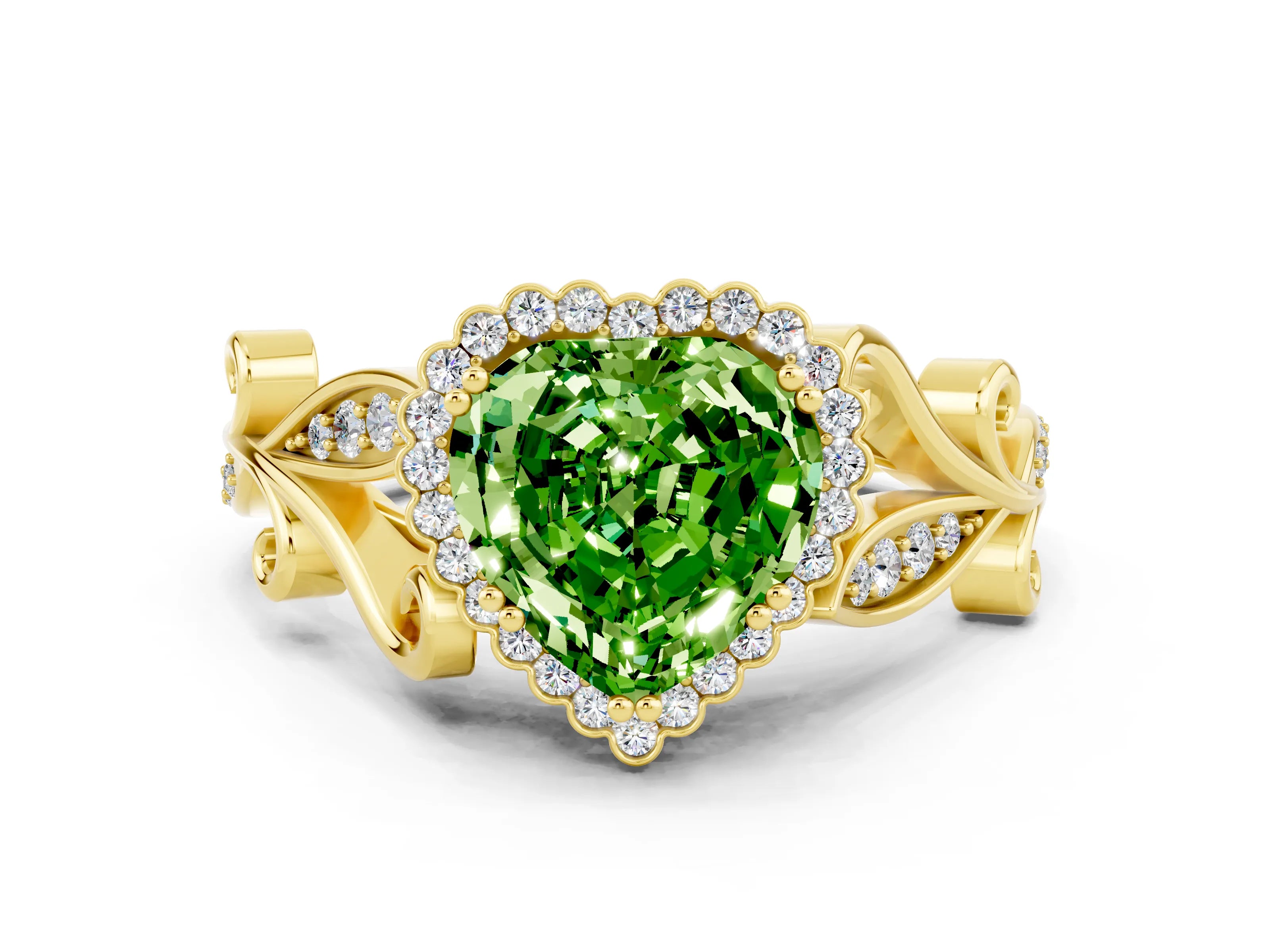 Yellow gold Heart Cut Peridot Halo Ring with Vintage Split Shank and Four-Prong Setting