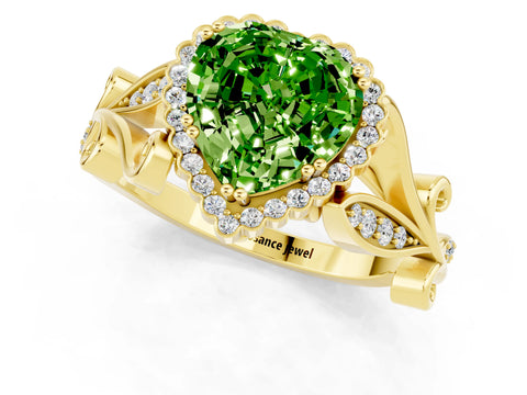 Yellow gold Heart Cut Peridot Halo Ring with Vintage Split Shank and Four-Prong Setting_1