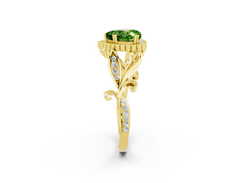 Yellow gold Heart Cut Peridot Halo Ring with Vintage Split Shank and Four-Prong Setting_2