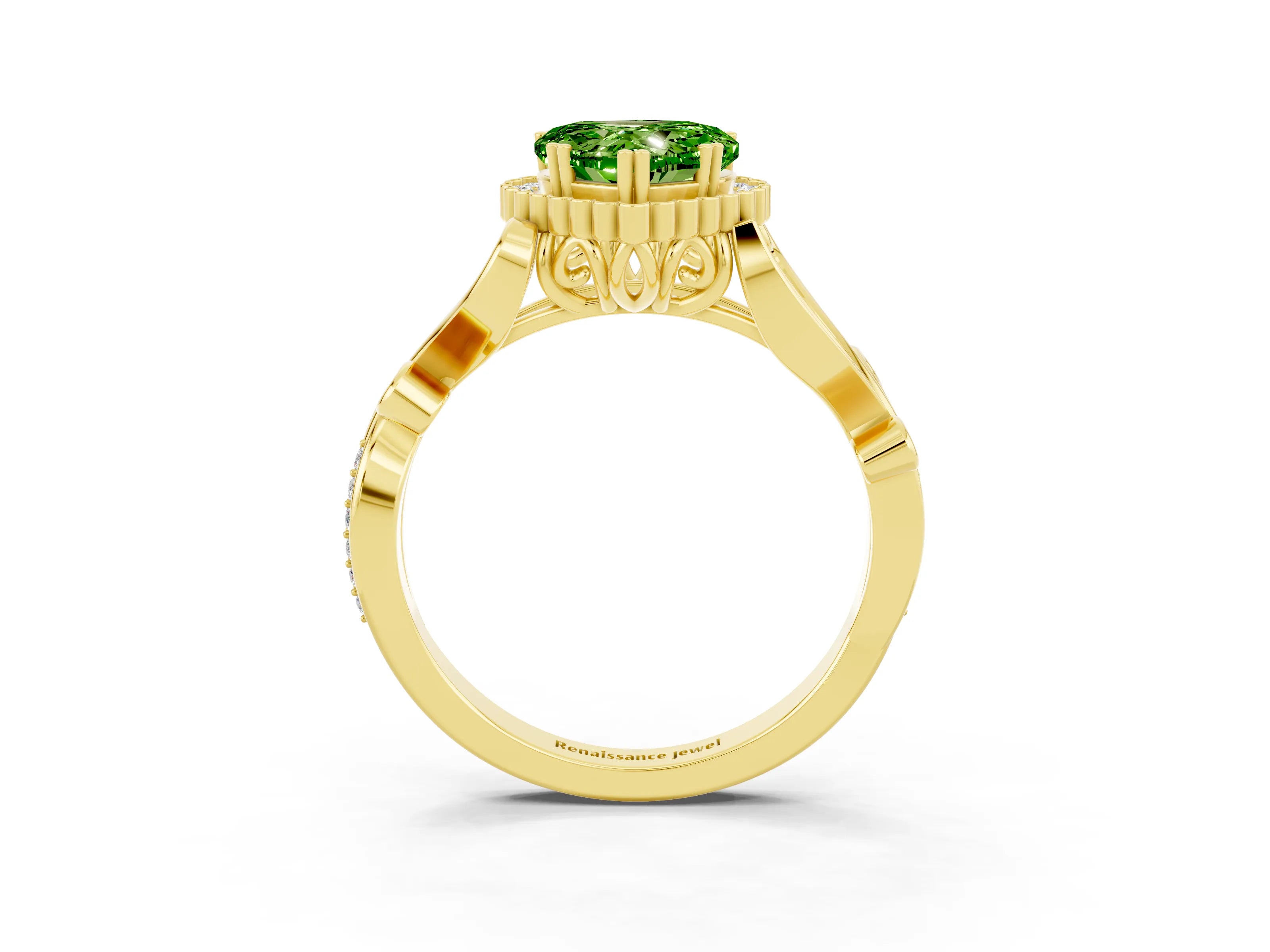 Yellow gold Heart Cut Peridot Halo Ring with Vintage Split Shank and Four-Prong Setting_3