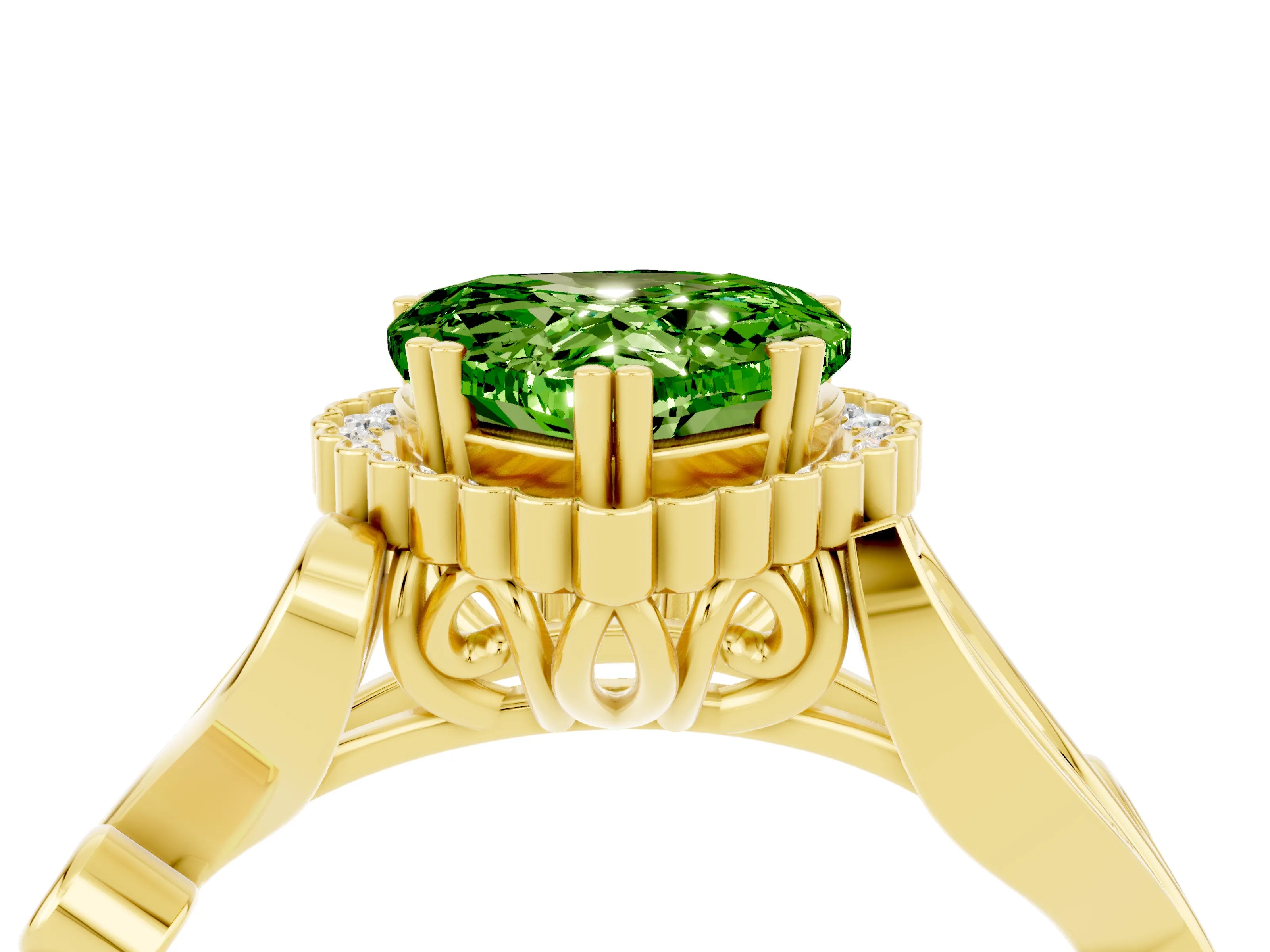 Yellow gold Heart Cut Peridot Halo Ring with Vintage Split Shank and Four-Prong Setting_4