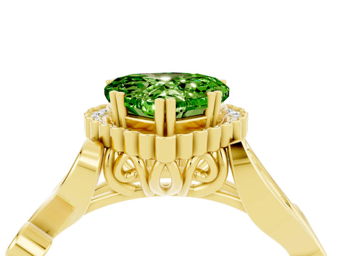 Yellow gold Heart Cut Peridot Halo Ring with Vintage Split Shank and Four-Prong Setting_4